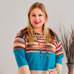 Sew In Love Teal and Beige Striped Sweater